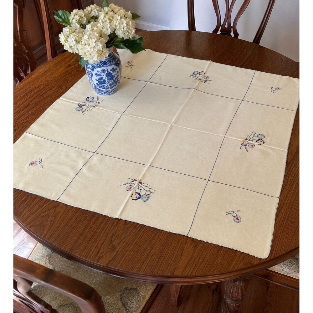 Vintage Asian Silk Tablecloth Lantern Cross Stitch Embroidery Beautiful !